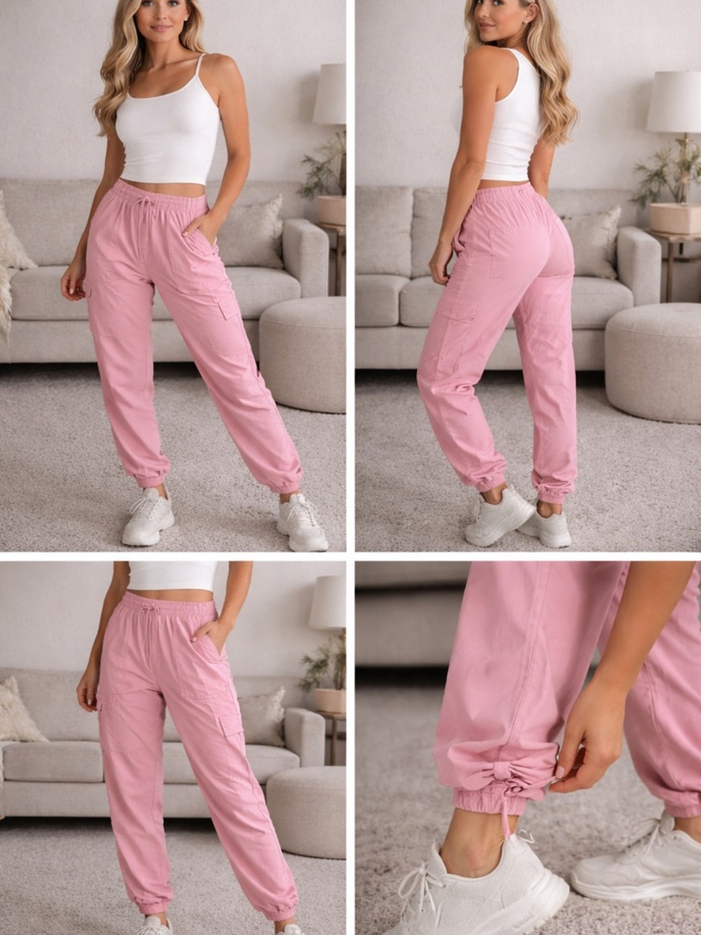 Women's Pink Cargo Joggers with Elastic Ankles - Casual Comfort